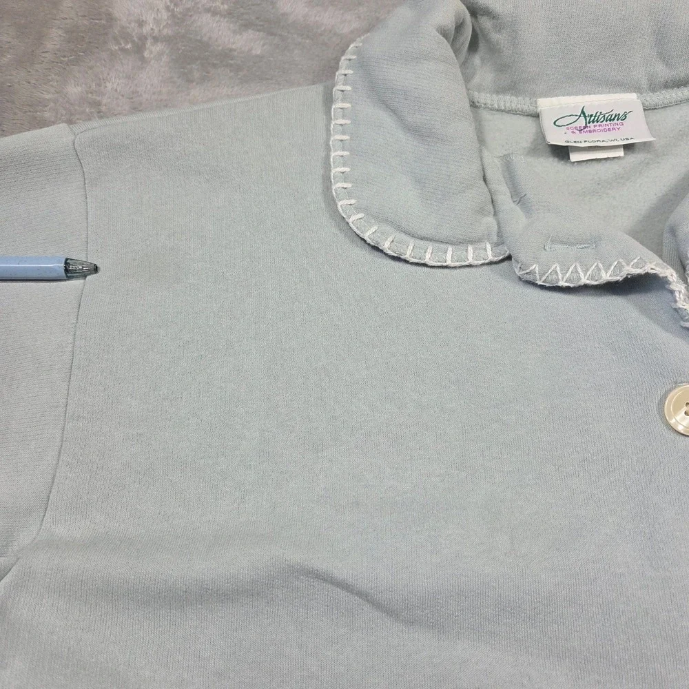 Vtg Artisans Women Medium Blue Embroidered Button Up Cottagecore Prairie Grandma